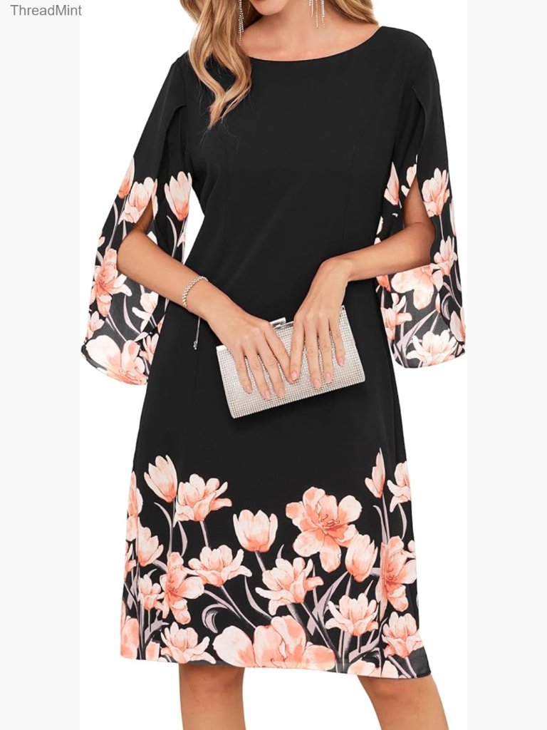 Chiffon Cocktail Dress With 3/4 Sleeves, V-Back, Formal Wedding Guest Midi